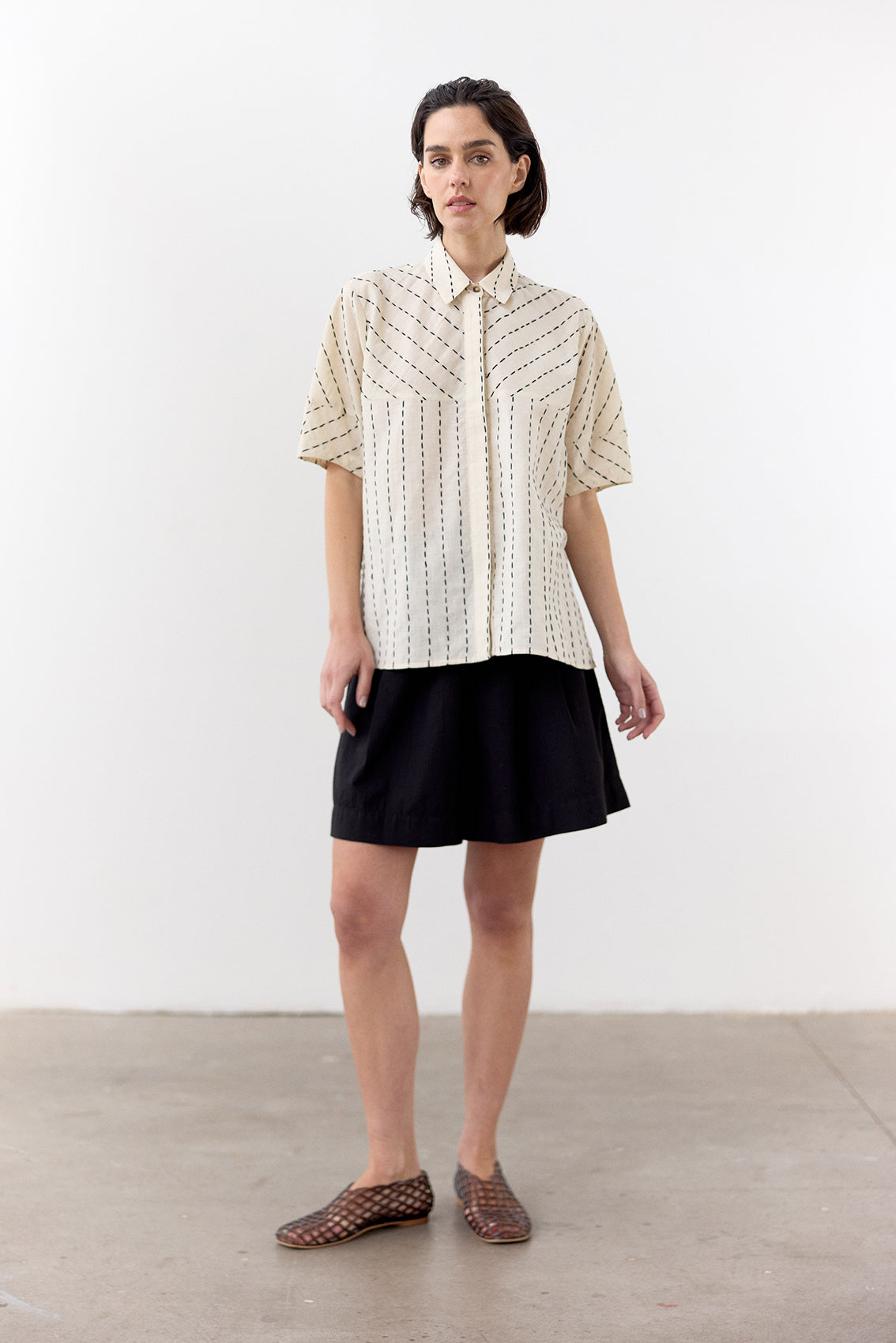 Blusa Manga Corta Algodón Pespuntes