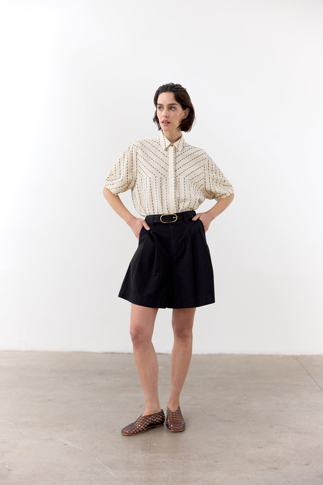 Blusa Manga Corta Algodón Pespuntes