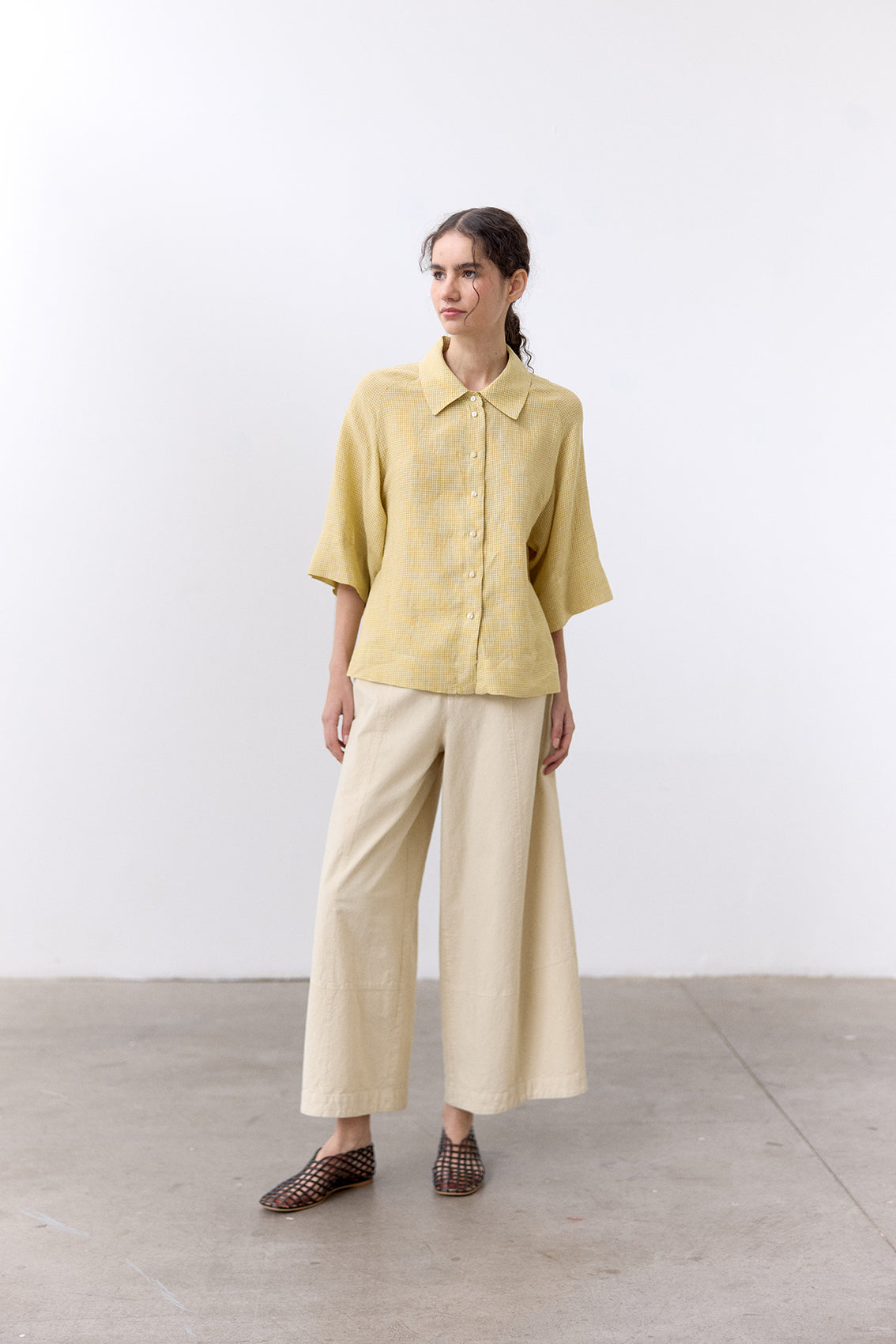Blusa Microcuadrillé Raglan Lino - Mantequilla