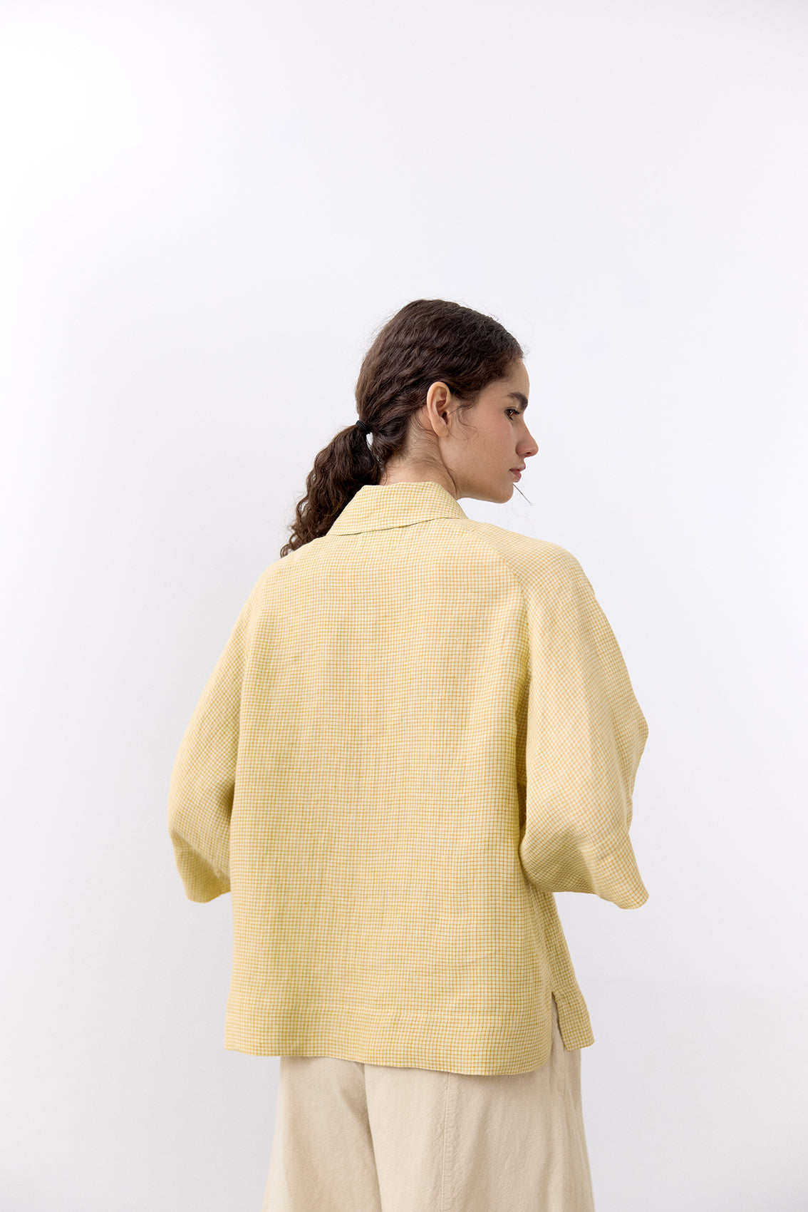 Blusa Microcuadrillé Raglan Lino - Mantequilla