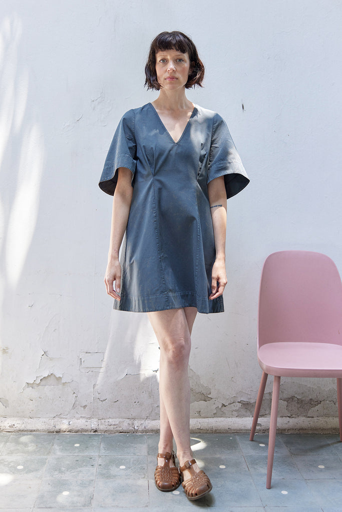 Washed Ample Sleeves V-Neck Short Dress Cotton - Piedra