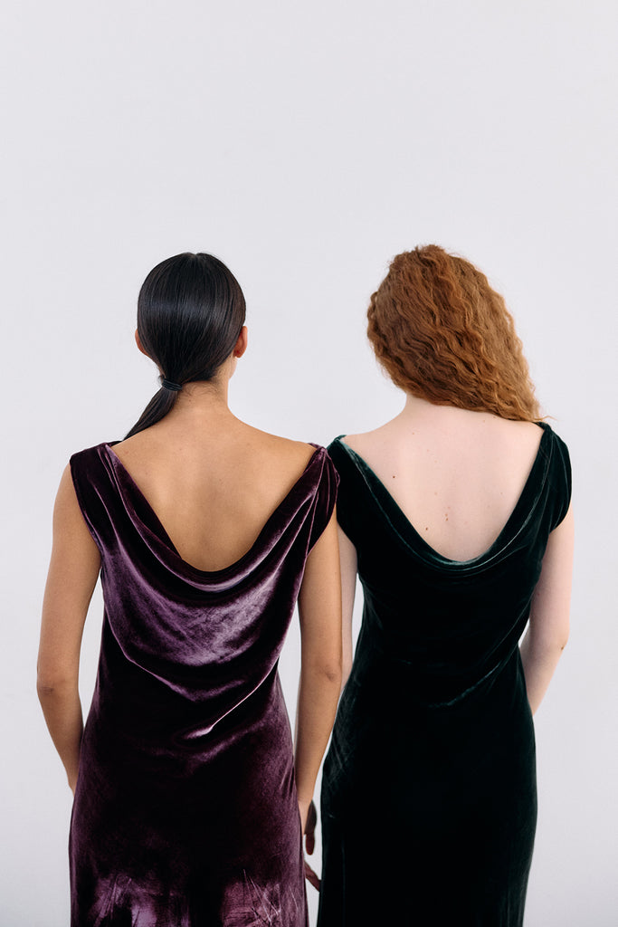 Silk Velvet Draped Neck Dress - Bosque