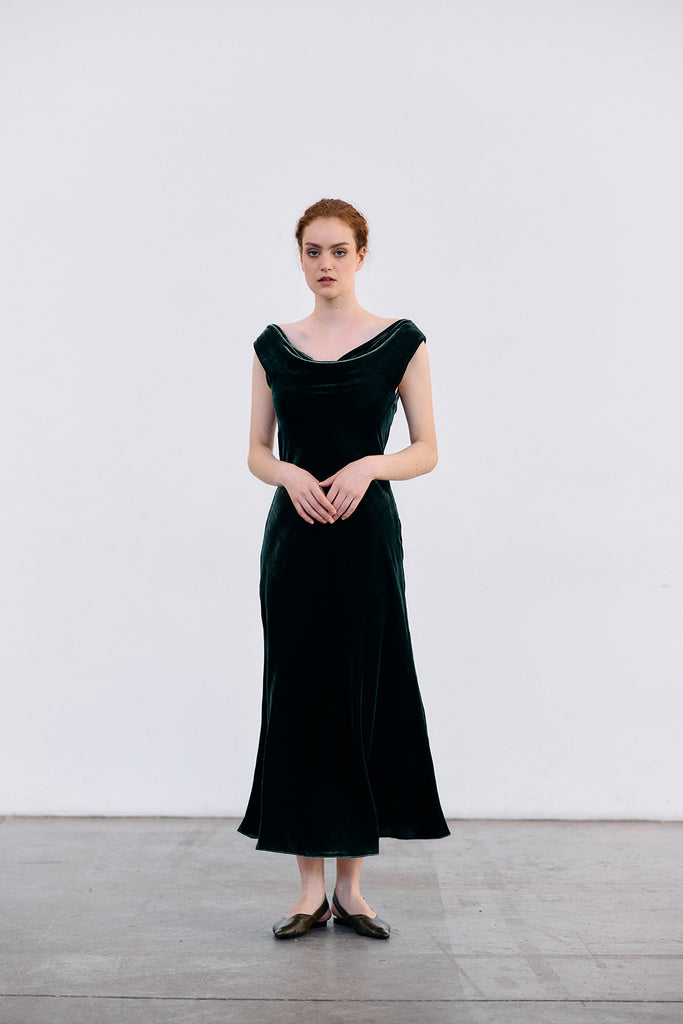Silk Velvet Draped Neck Dress - Bosque