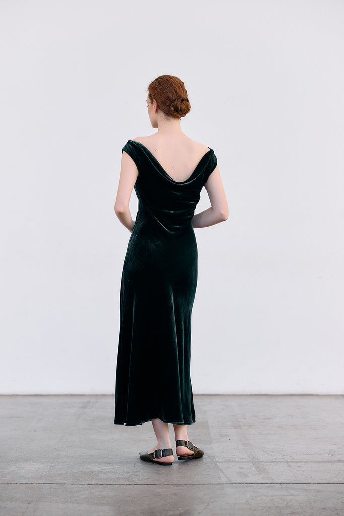 Silk Velvet Draped Neck Dress - Bosque