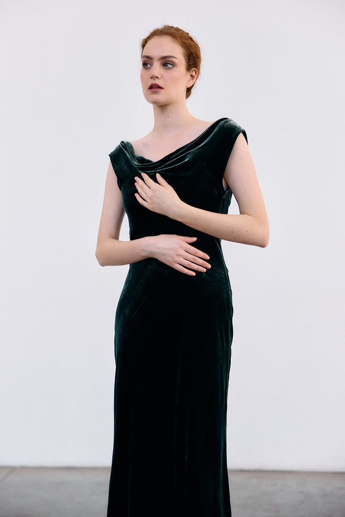 Silk Velvet Draped Neck Dress - Bosque