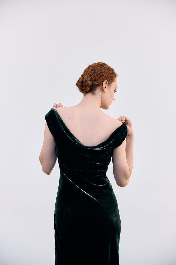 Silk Velvet Draped Neck Dress - Bosque