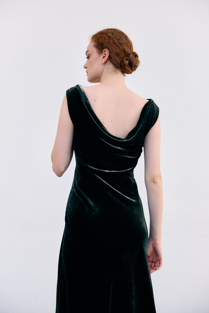 Silk Velvet Draped Neck Dress - Bosque
