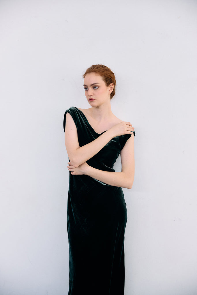 Silk Velvet Draped Neck Dress - Bosque
