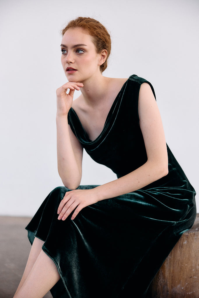 Silk Velvet Draped Neck Dress - Bosque