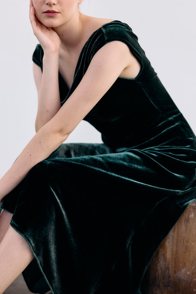Silk Velvet Draped Neck Dress - Bosque