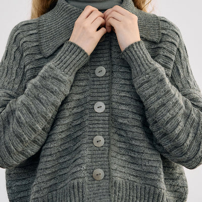Textured Alpaca Knit Collar Cardigan - Musgo
