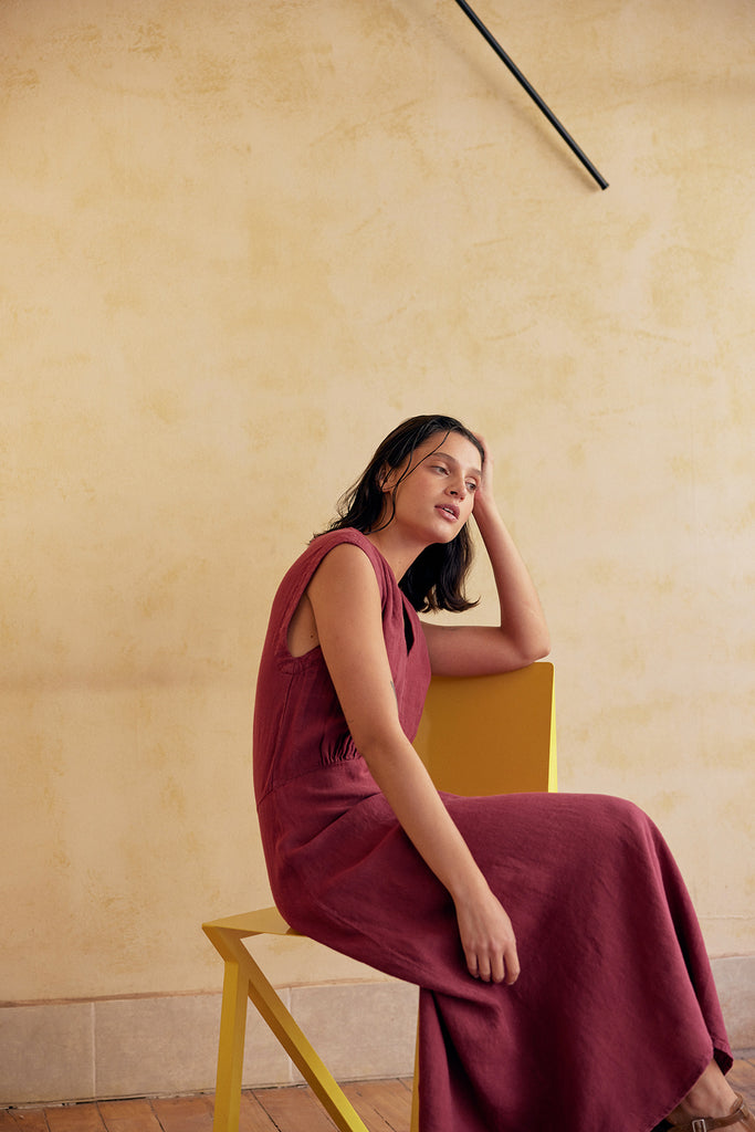 V-Neck Relaxed Dress Washed Linen - Berry