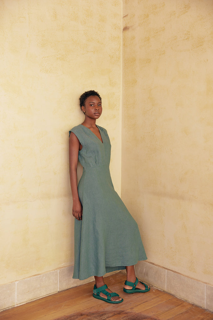 V-Neck Relaxed Dress Washed Linen - Agave