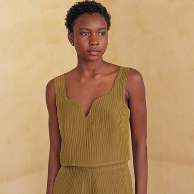 Textured Pointed Neck Top Silk-Linen - Ocre