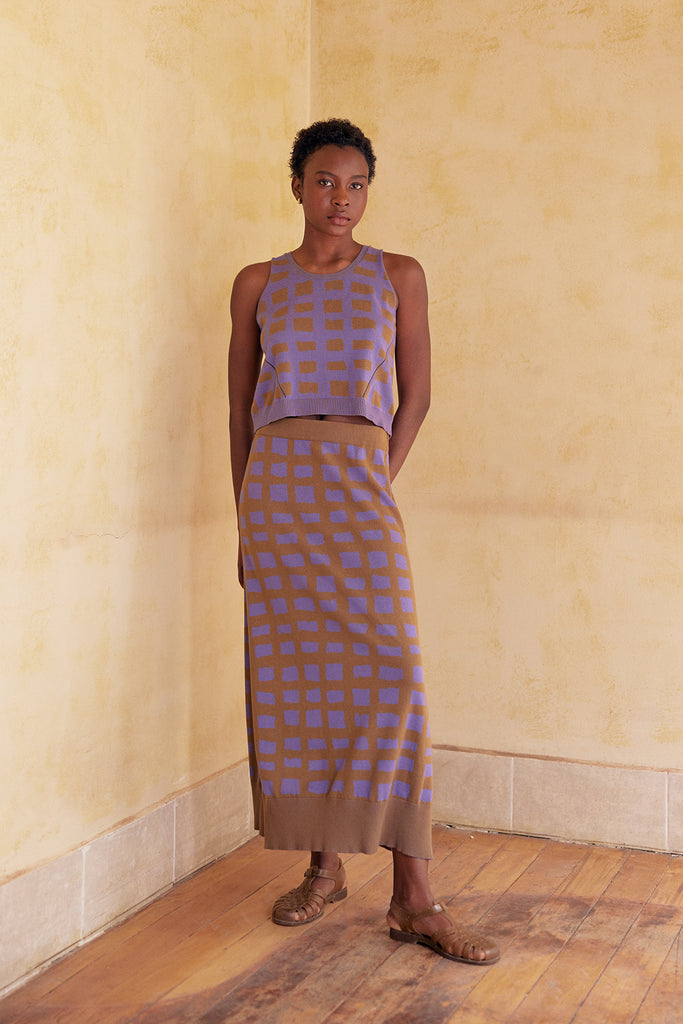 Hand-Drawn Grid Pattern Knitted Skirt Pima Cotton - Jacinto/Musgo