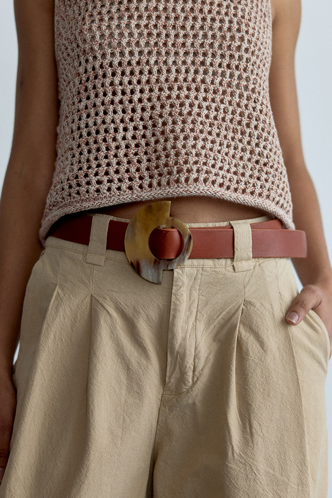 Wide Leather Belt Half-Moon Horn Buckle - Brown
