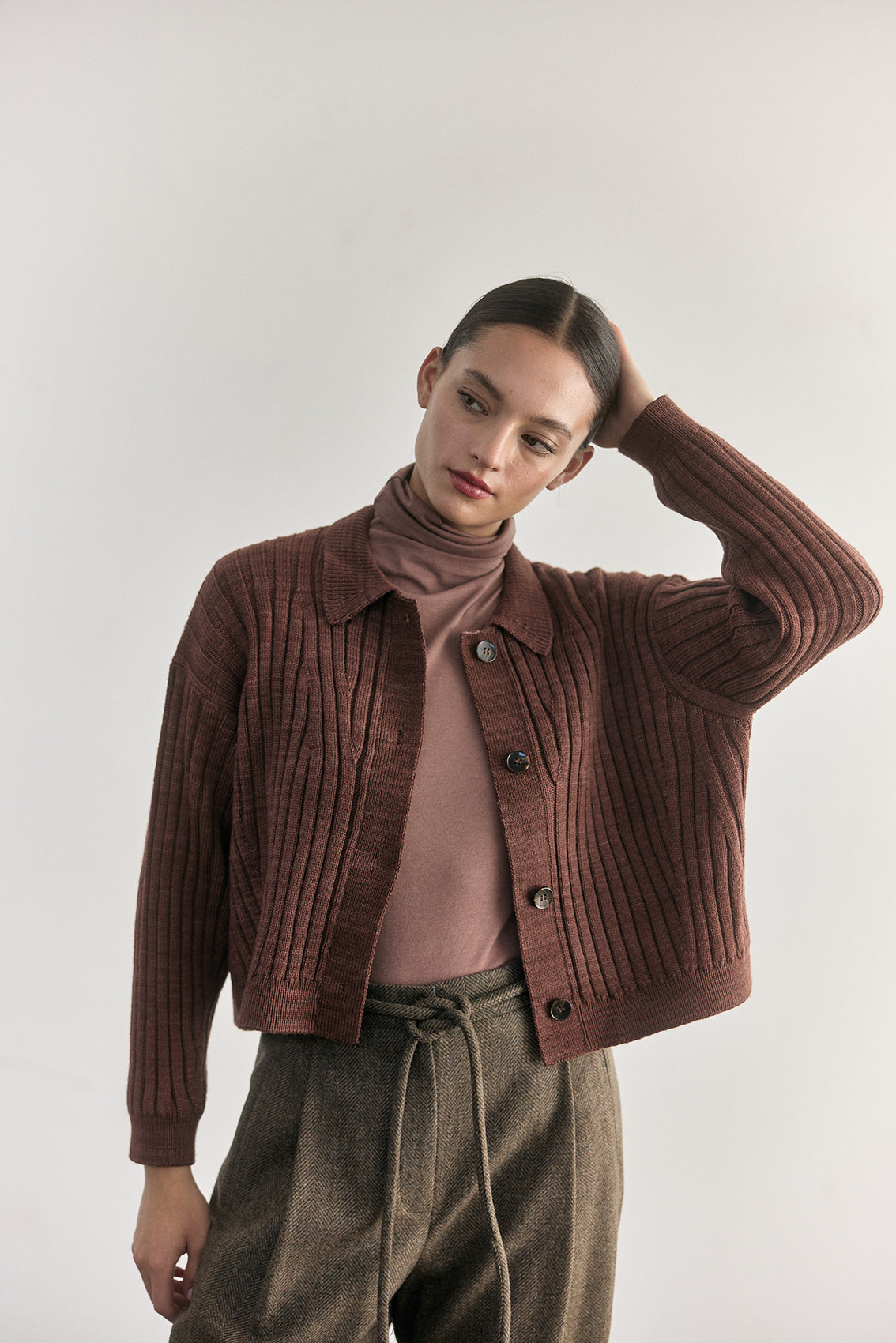 Merino Wool Collared Cardigan - Clay