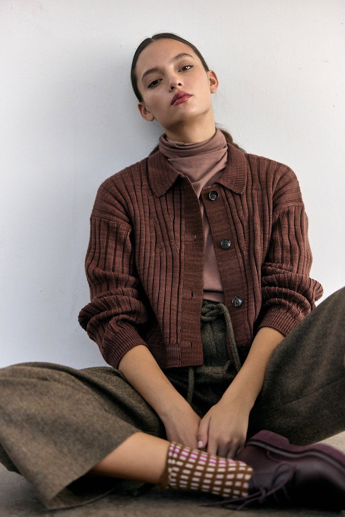 Merino Wool Collared Cardigan - Clay