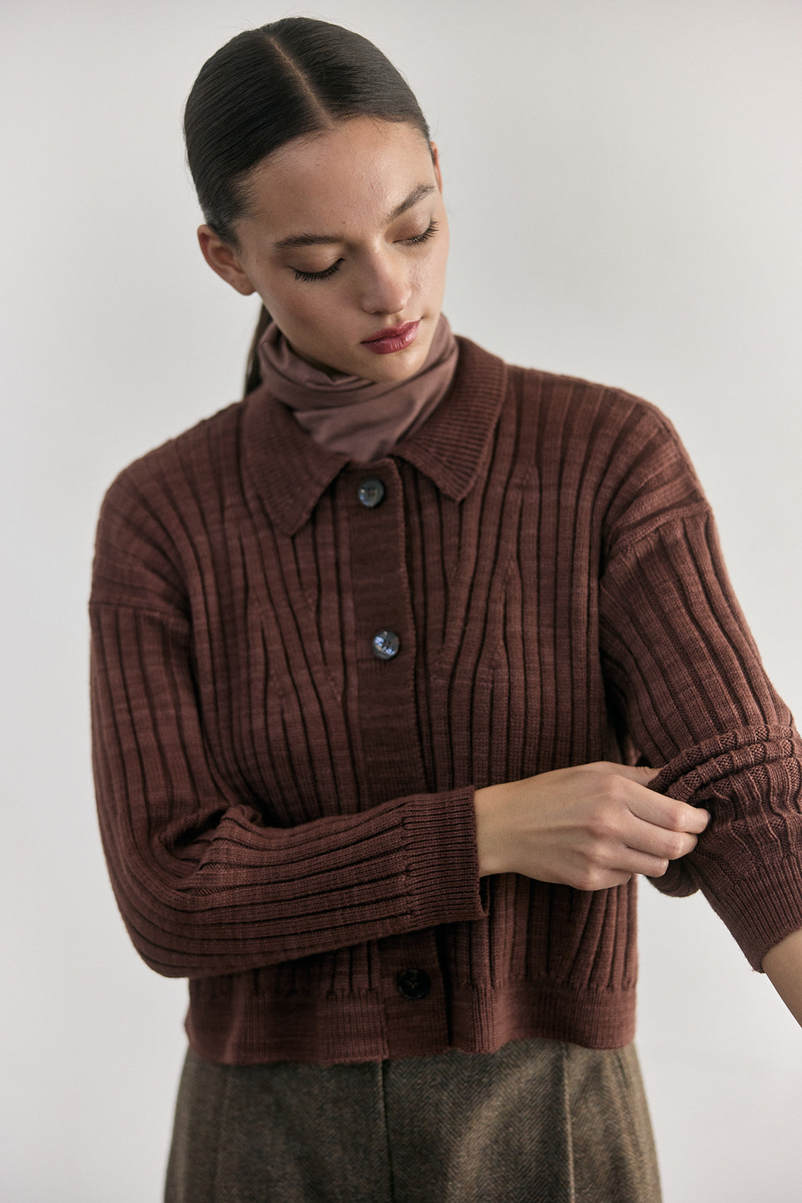 Merino Wool Collared Cardigan - Clay