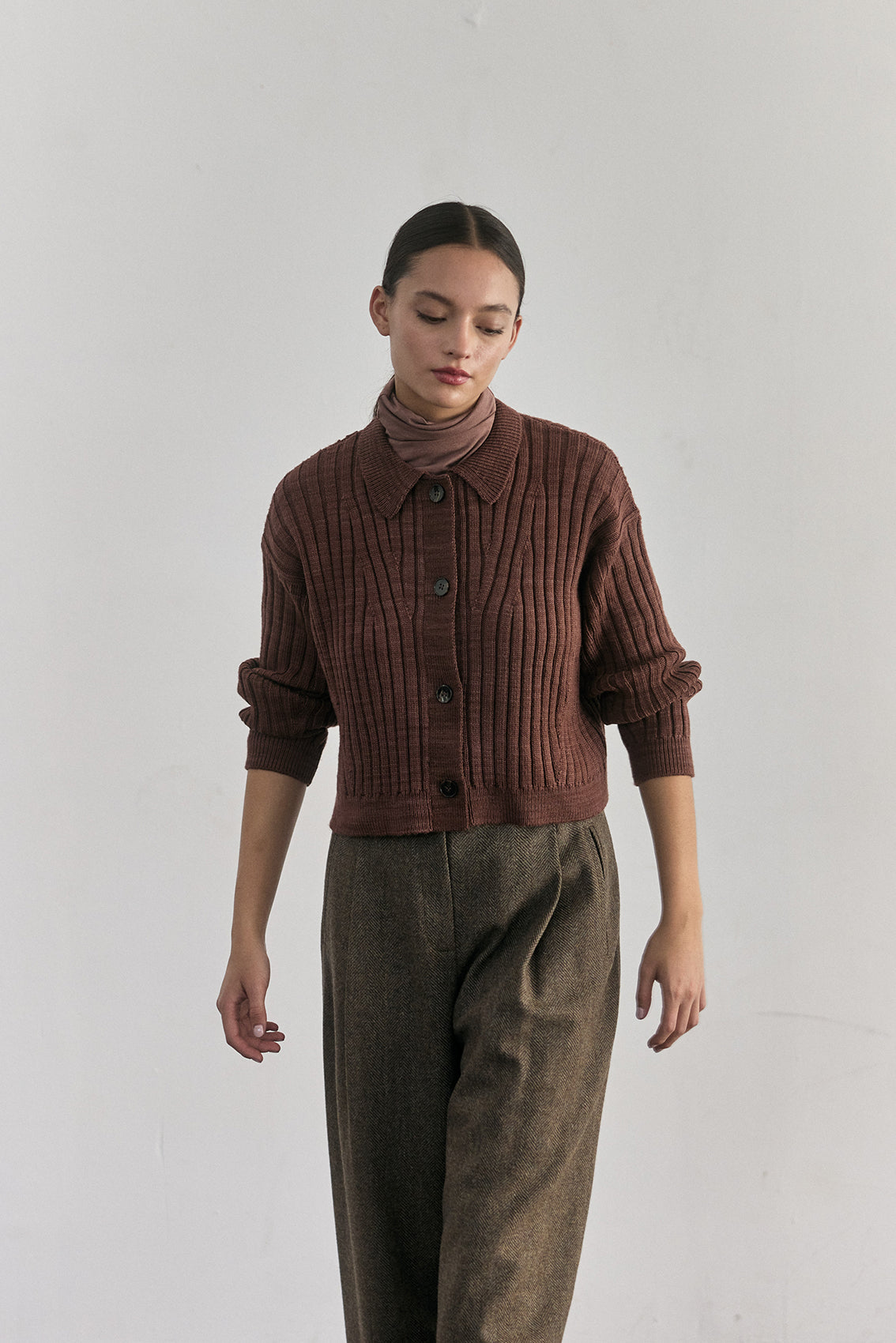 Merino Wool Collared Cardigan - Clay