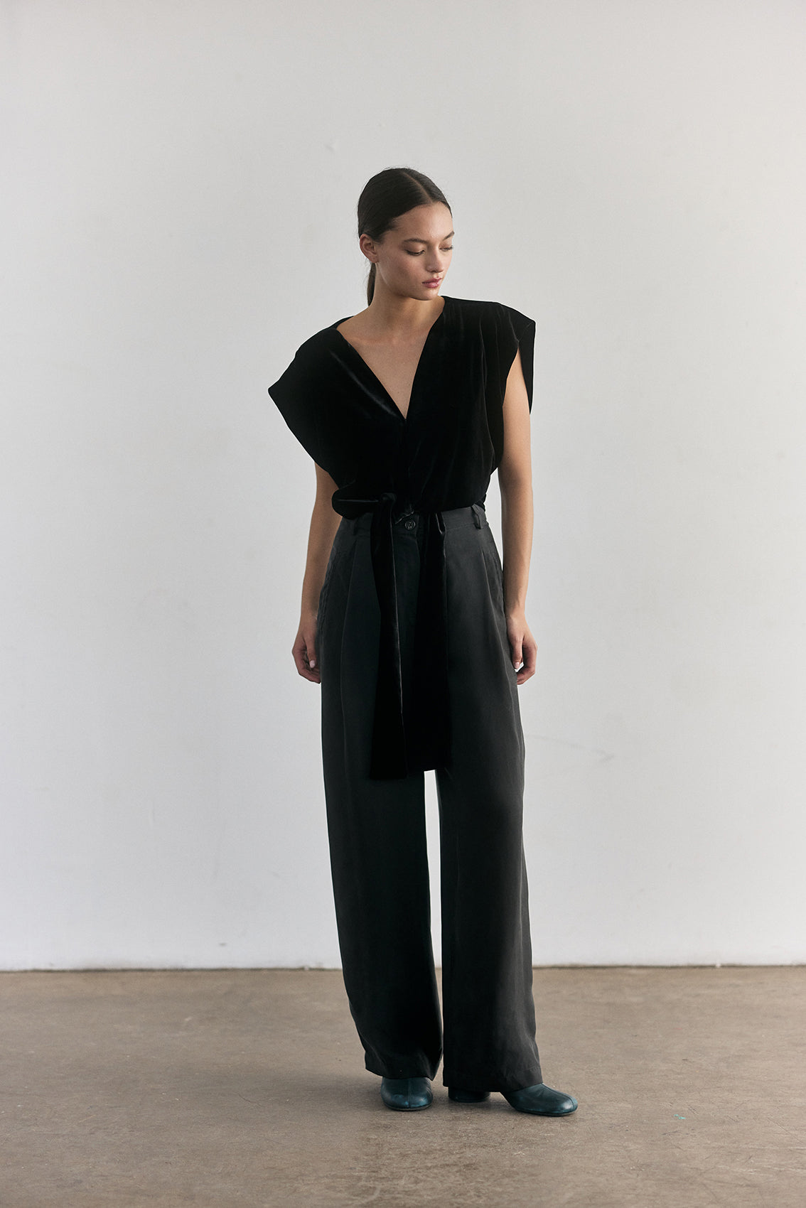 Silk Velvet Tie-Waist Top - Onyx