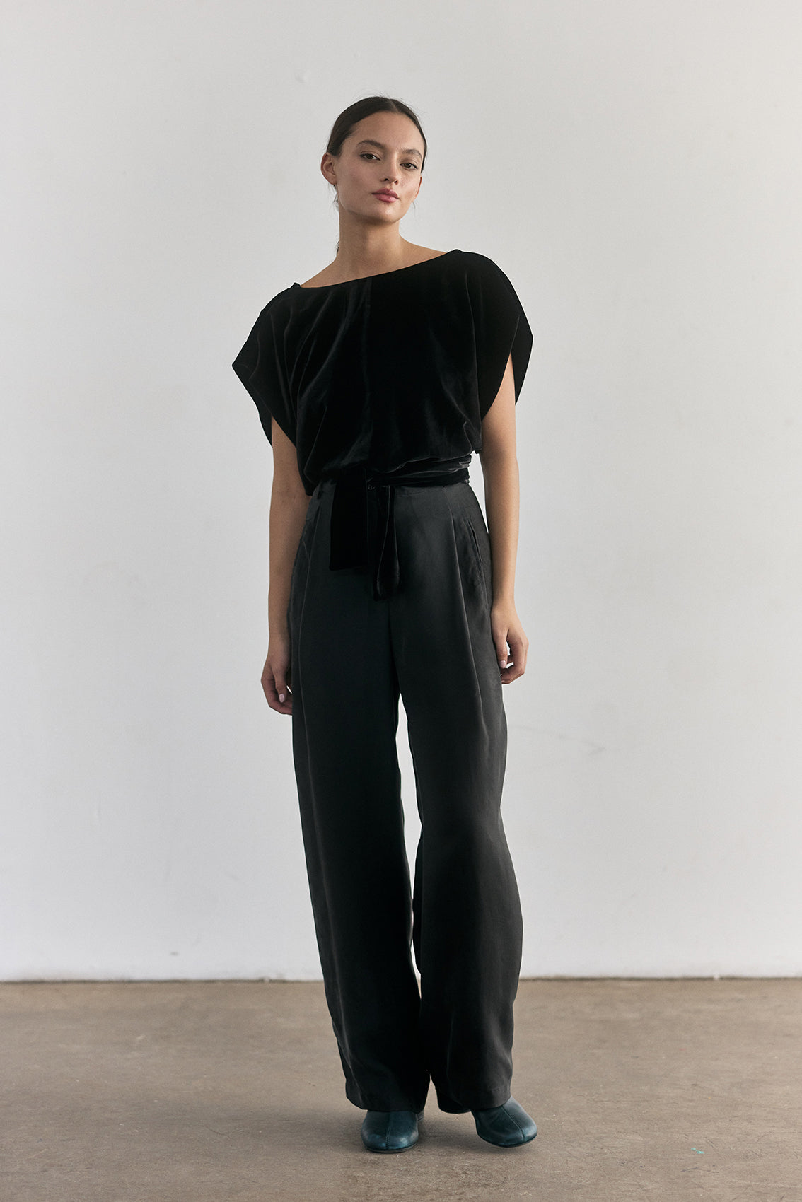 Silk Velvet Tie-Waist Top - Onyx