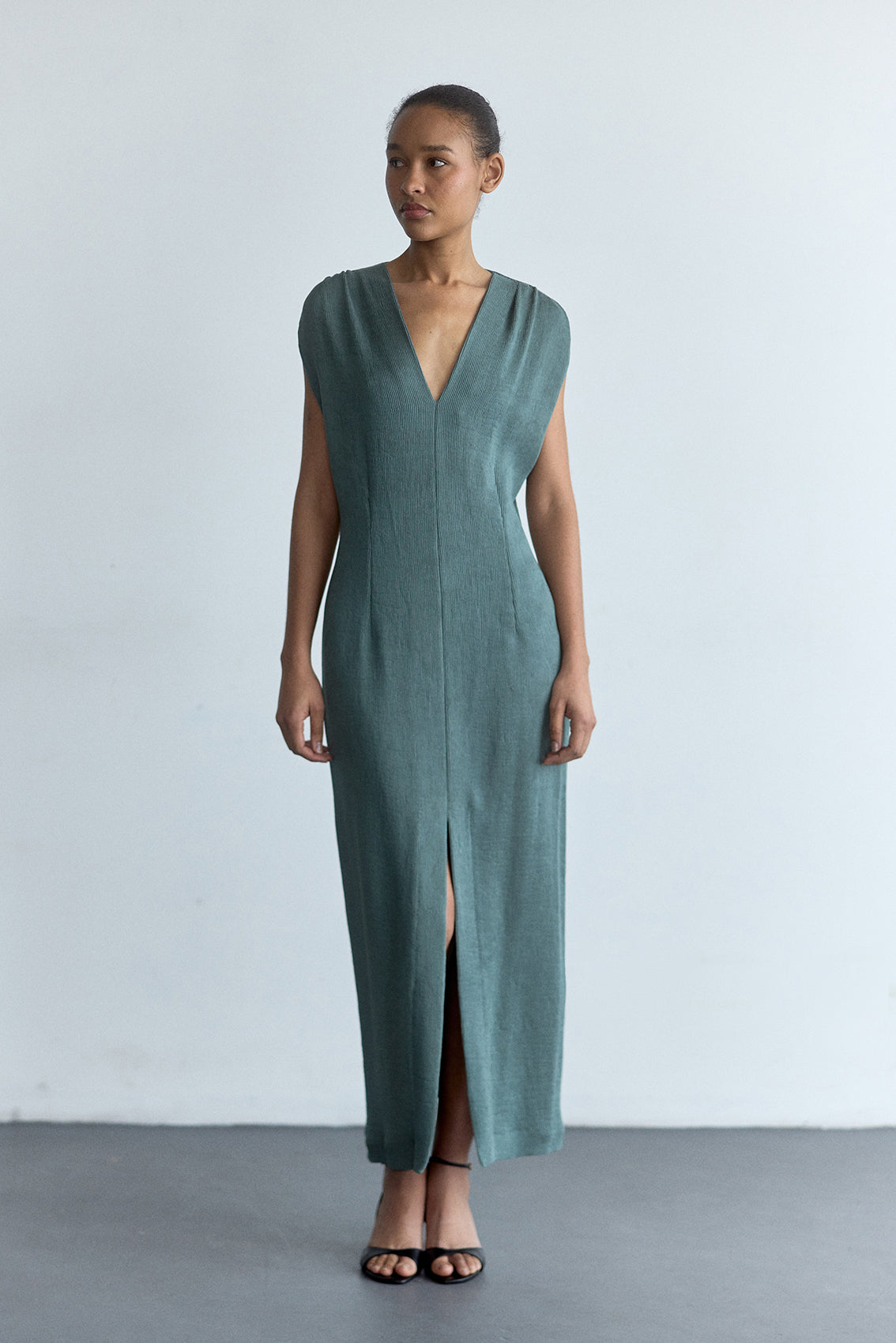 Vestido Escote V Plegado - Eucalipto