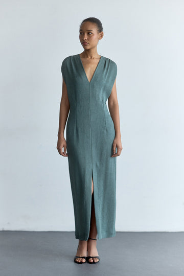 Vestido Escote V Plegado - Eucalipto
