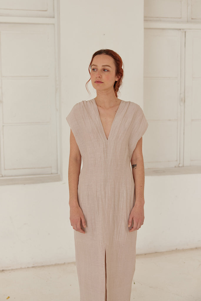 V-Neck Textured Silk/Linen Long Dress - Arena